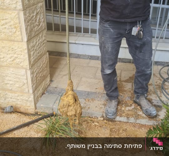 אדם עם כפפות מחזיק צינור עם לכלוך